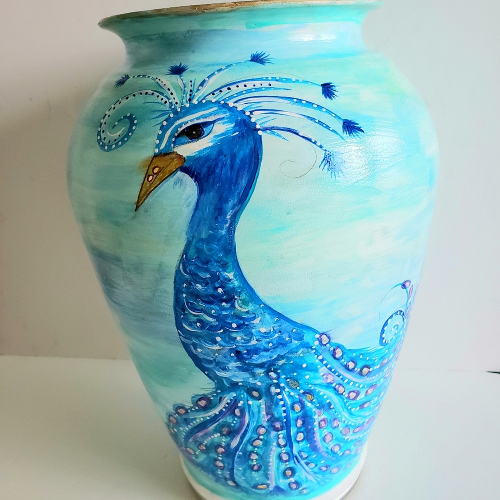 Hand Painted Peacock Large Vase